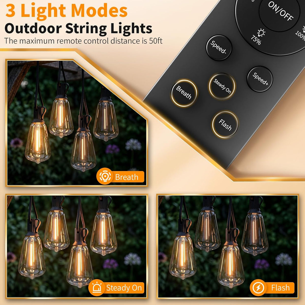 Hotsonic Remote Control Outdoor String Lights Waterproof, 50FT LED Outside Lights with Shatterproof Bulbs, Dimmable Hanging Lights 3 Modes for Patio Porch Garden Pergola Yard House Bistro Party Decors