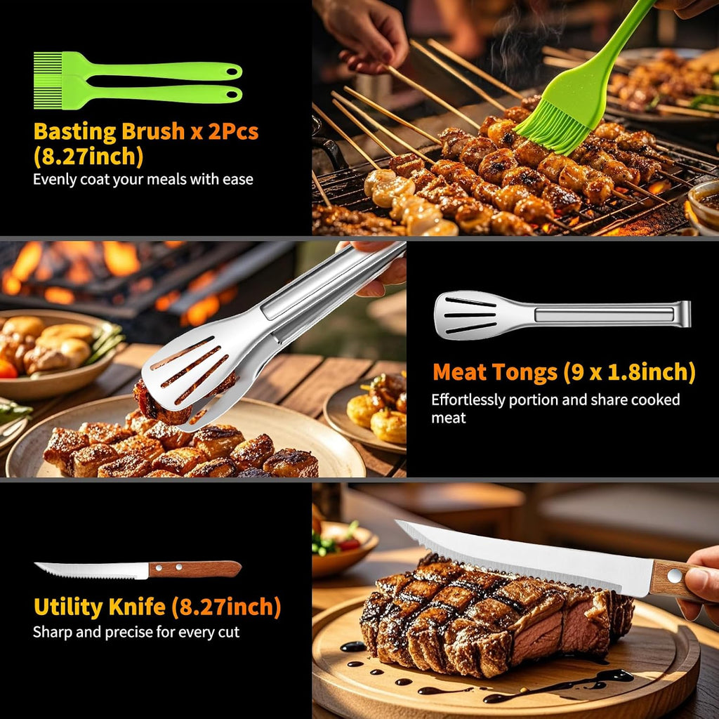 RIKOJUXI Heavy Duty Stainless Steel BBQ Accessories Tools Set Grill Gift | Grilling Gifts for Men Women Father BBQ Tools Grill Accessories for Outdoor Grill with Spatula, Fork, Tongs