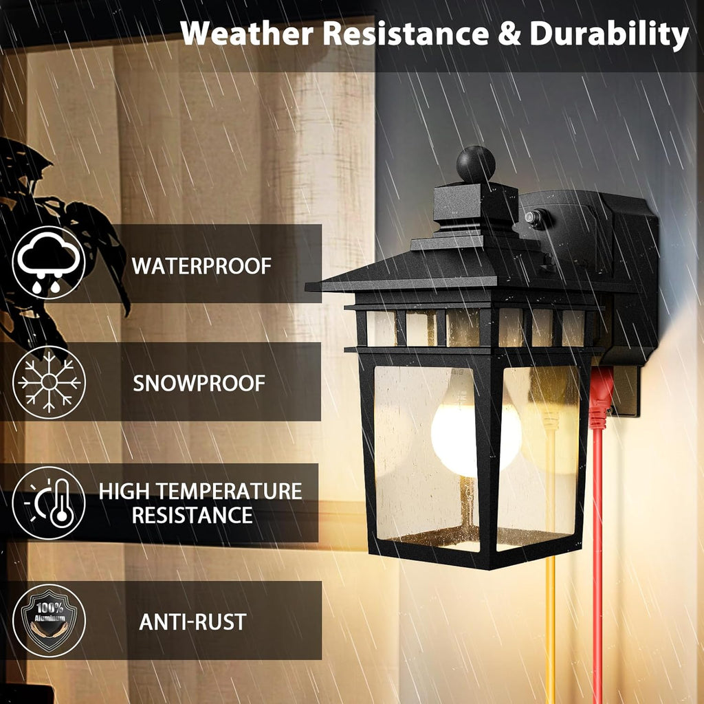 Porch Lights with GFCI Outlet, Dusk to Dawn Outdoor Wall Sconce Black | Anti-Rust Waterproof Aluminum Construction, Easy Installation, Tempered Glass & E26 Socket Outside Lights for House Garage