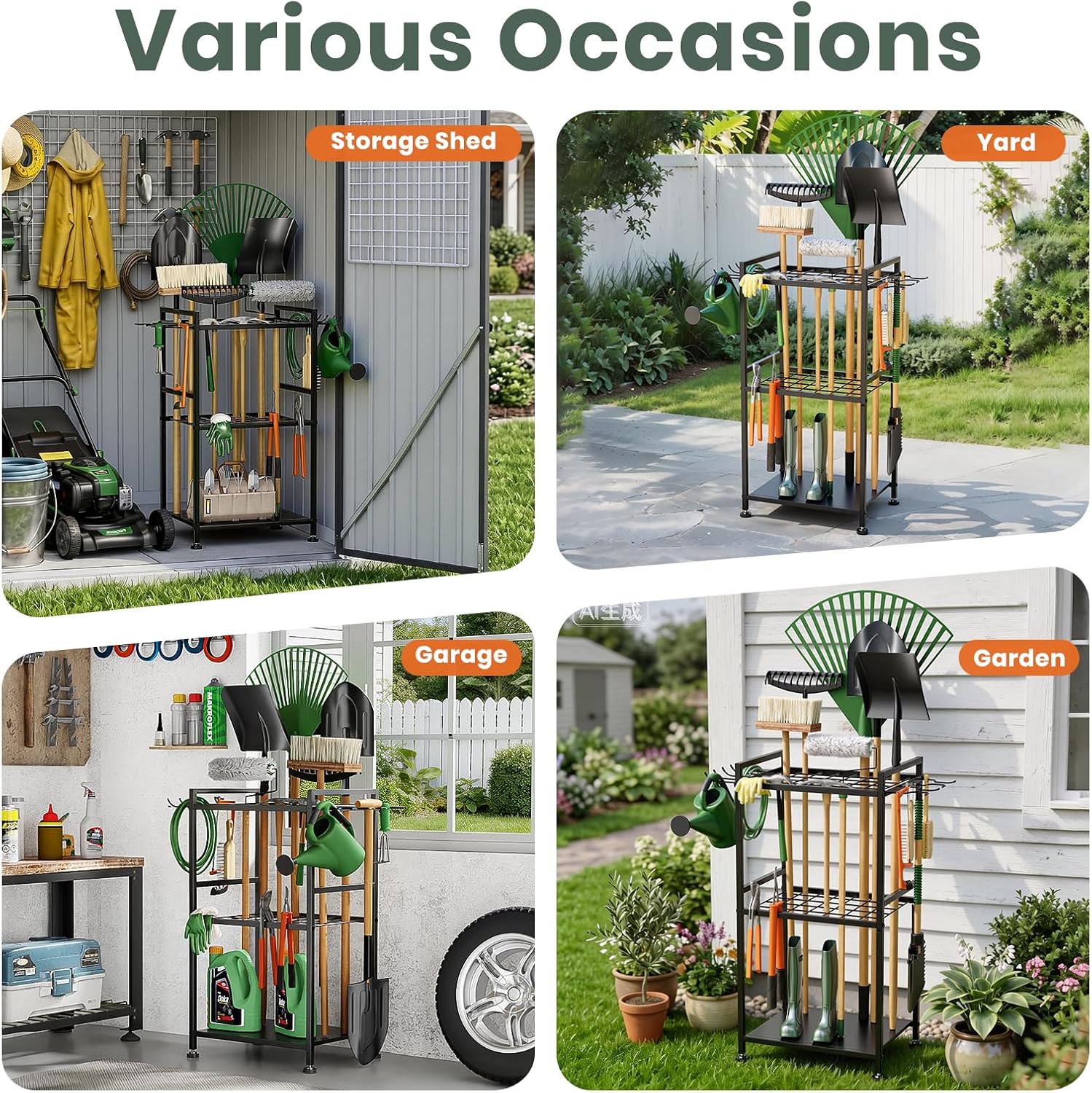 SPACECARE Garden Tool Organizer with Feet Up to 35 Long-Handled Tools Black | Yard Tower Rack for Garage Organization and Storage, Heavy Duty Steel Garden Tool Stand for Shed, Outdoor (Rakes/Brooms)