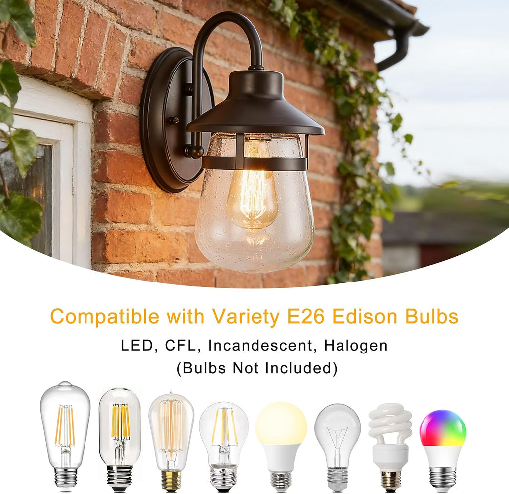 Tarentlight Outdoor Wall Sconce with Clear Seeded Glass Shade,Waterproof Exterior Fixture in Oil Rubbed Bronze Finish,Suit for Wet Locations,Easily Installed in Porch Patio Entryway,Doorway,Corridor
