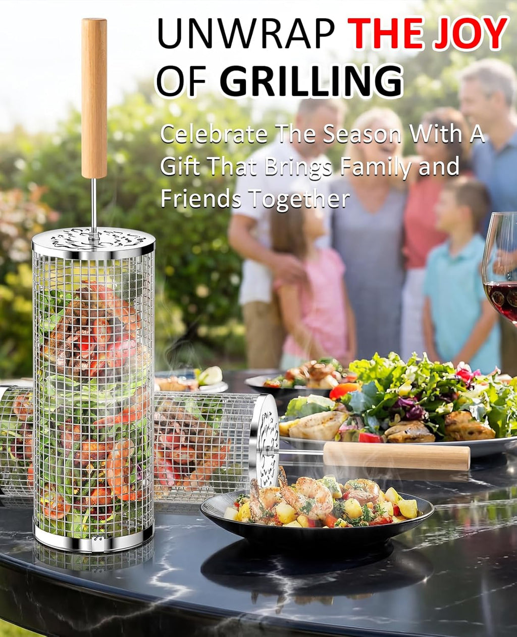 Rolling Grill Basket, Grill Gift for Men, Removable Wooden Handle, 304 Stainless Steel, Nesting BBQ Tools for Vegetable, Outdoor Smoker Camping Accessories, Ideal Gifts for Men Dad Husband Birthday