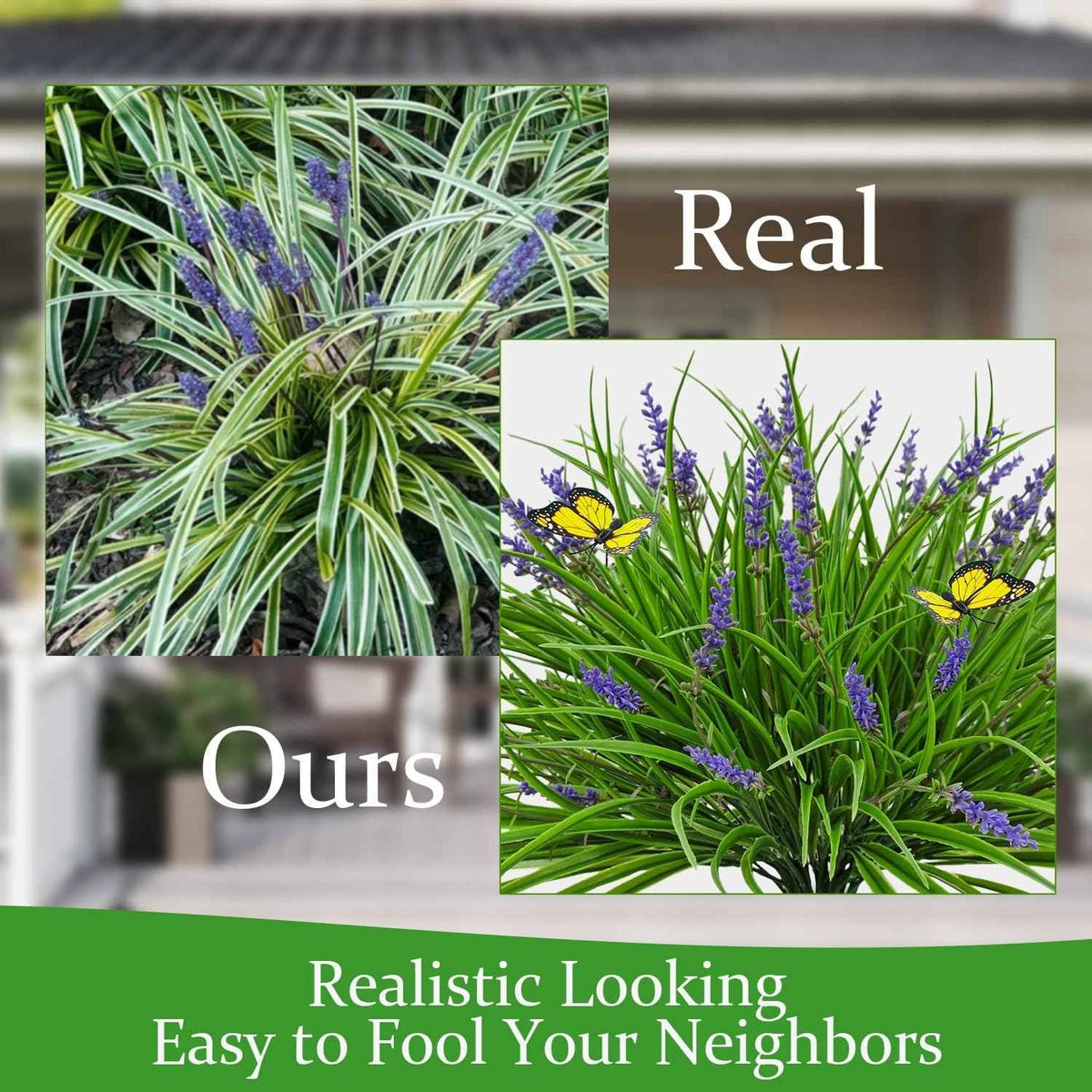 16 Bundles Artificial Outdoor Plants and 2 Pcs Butterfly Stakes Fake Monkey Grass with Flowers UV Resistant Faux Plant Greenery for Outside Planter Porch Patio Garden Window (Purple)