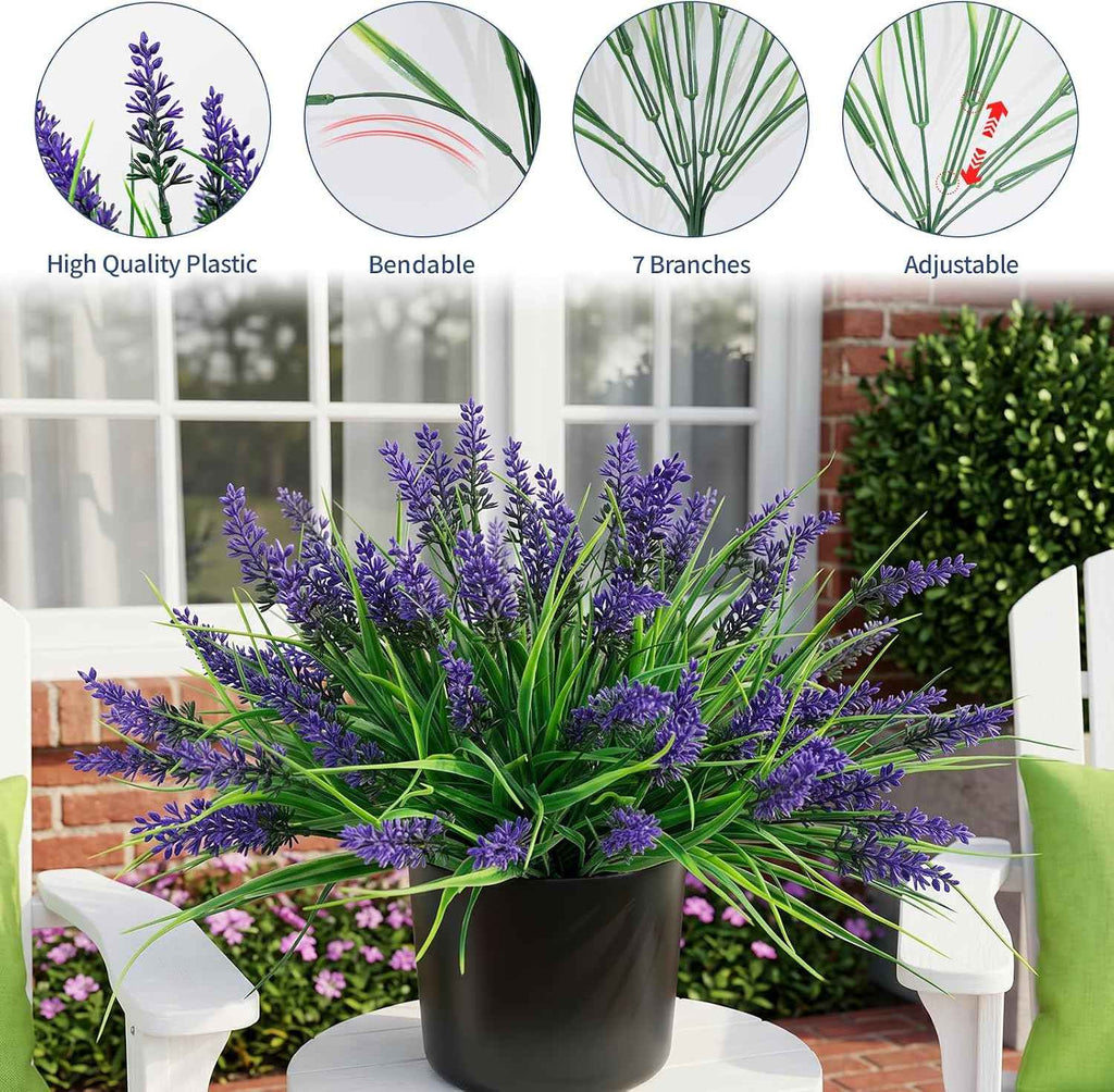 12Pcs Artificial Fake Flowers Monkey Grass for Outdoors, UV Resistant Realistic No Fade Faux Greenery Plants with Purple Flowers for Planter Home Garden Porch Patio Window Box