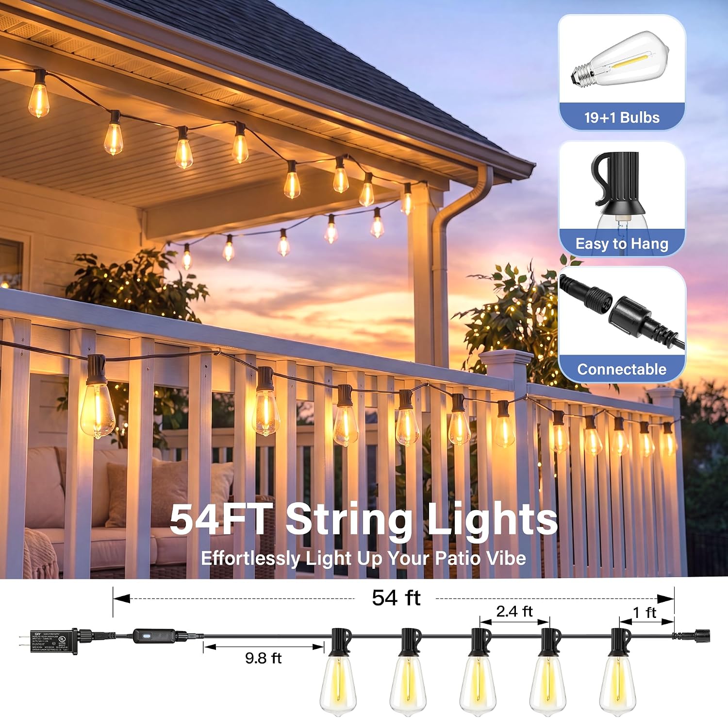 Guhope 54 FT Outdoor String Lights for Outside, Dimmable ST38 Edison LED Patio Lights with Timer, 3 Lighting Modes, IP45 Waterproof String Lights with Remote for Backyard Garden Porch Party Decor