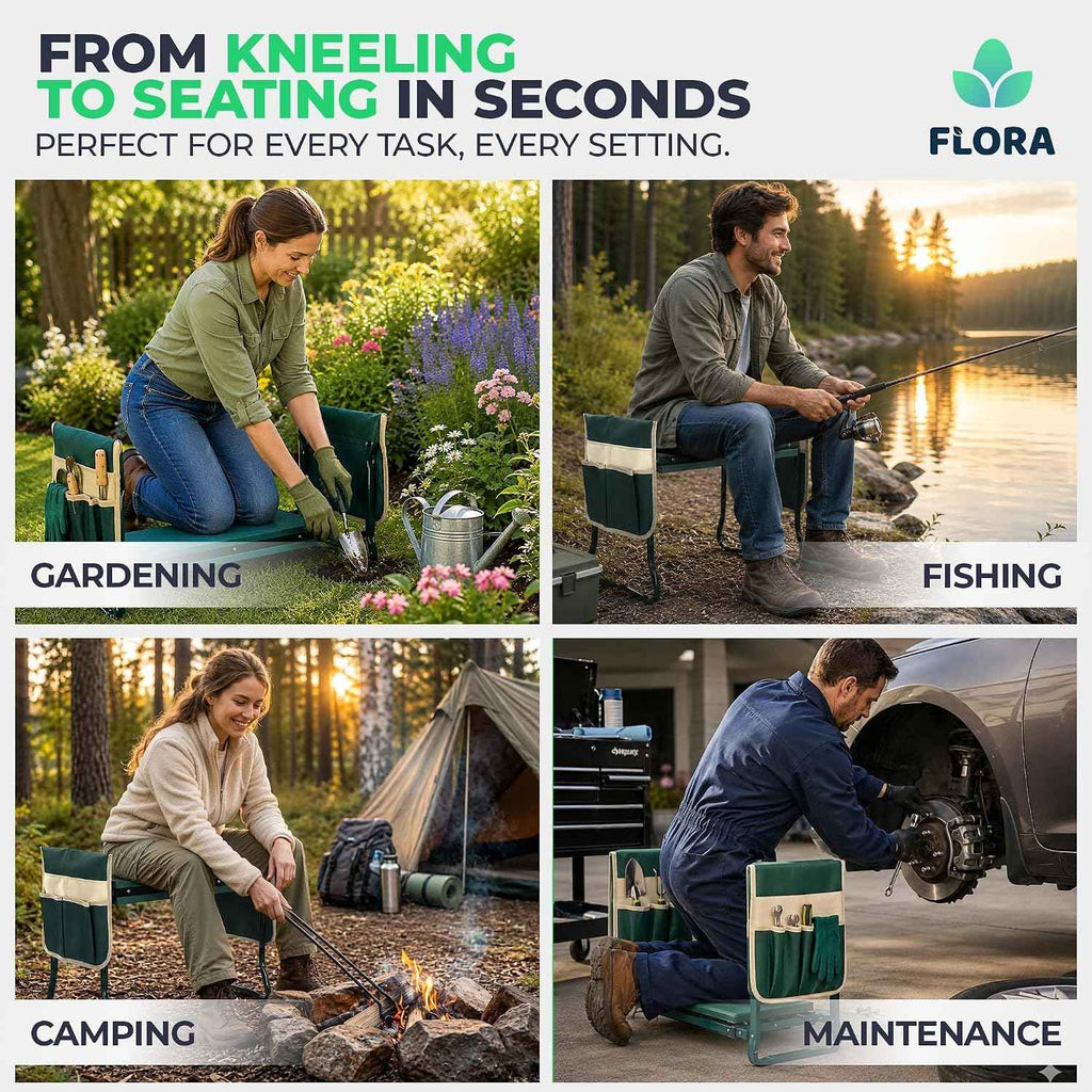 Flora Foldable Garden Kneeler and Seat – Heavy Duty Gardening Bench with Extra-Wide Soft Pad & 2 Tool Pouches – Durable Steel Frame Supports 330lbs, Perfect Gardening Gifts for Seniors, Women & Men