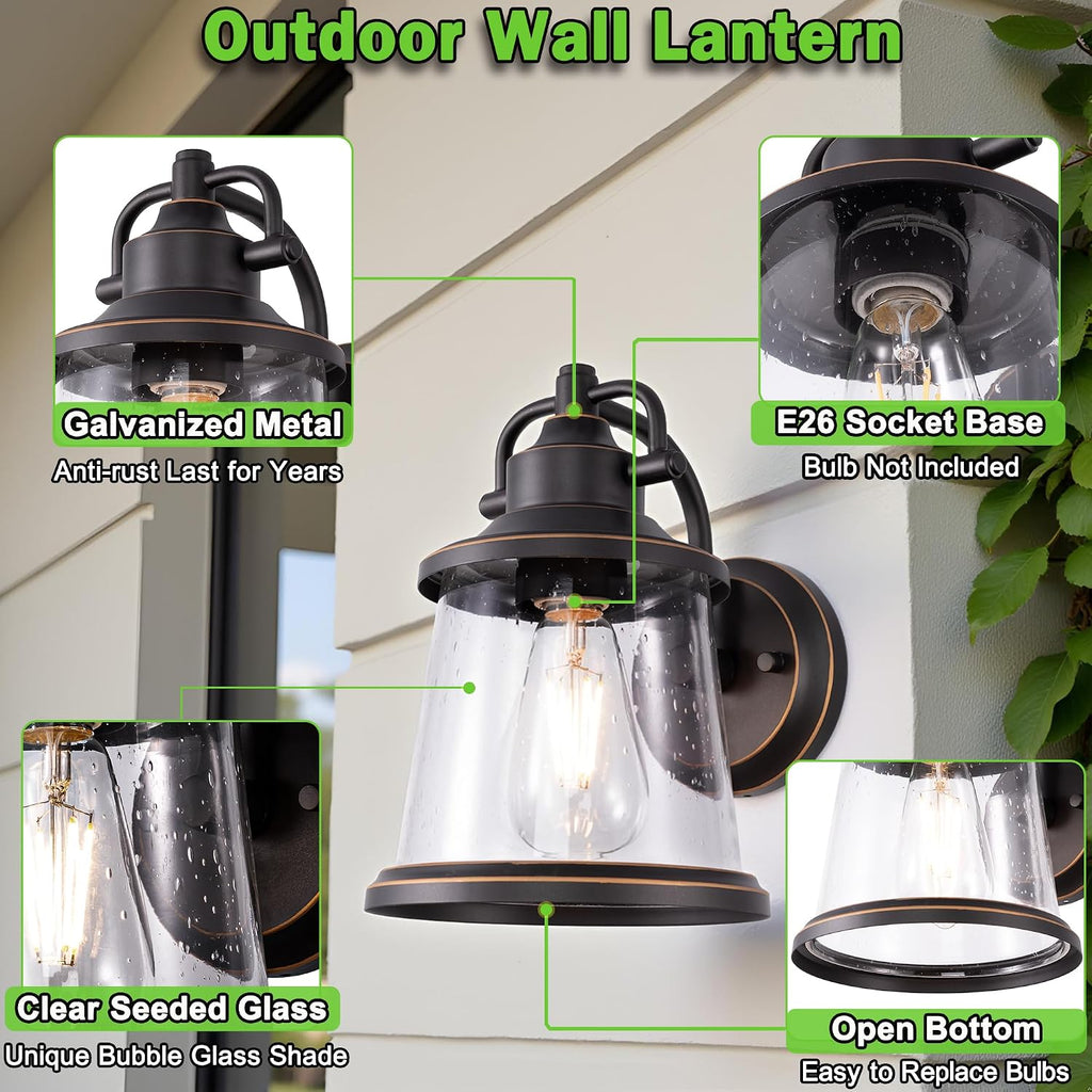 GRUENLICH Outdoor Wall Light Fixture, Seeded Glass, Oil Rubbed Bronze | Large Exterior Porch Light Wall Sconce Lantern for House, Patio, Garage, Anti-rust Metal, Waterproof, E26 Socket