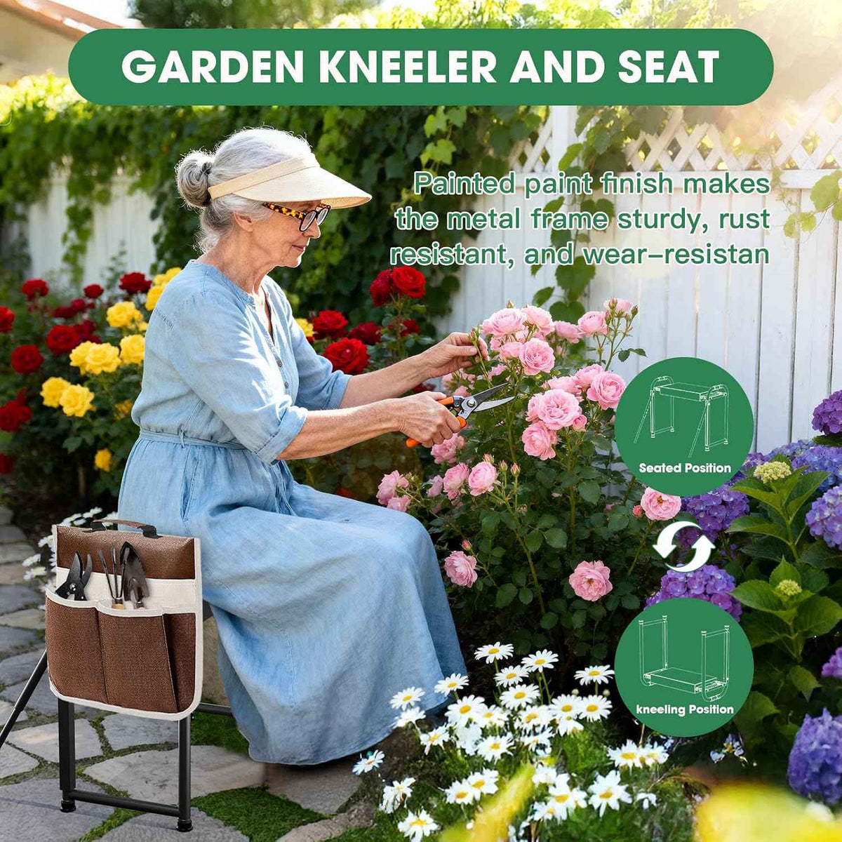 Heavy Duty Garden Kneeler & Seat with Support Legs, 400lbs Capacity Foldable Gardening Stool, Extra Thick Pad & Large Tool Organizer Bag, Ergonomic for Seniors - Dark Black