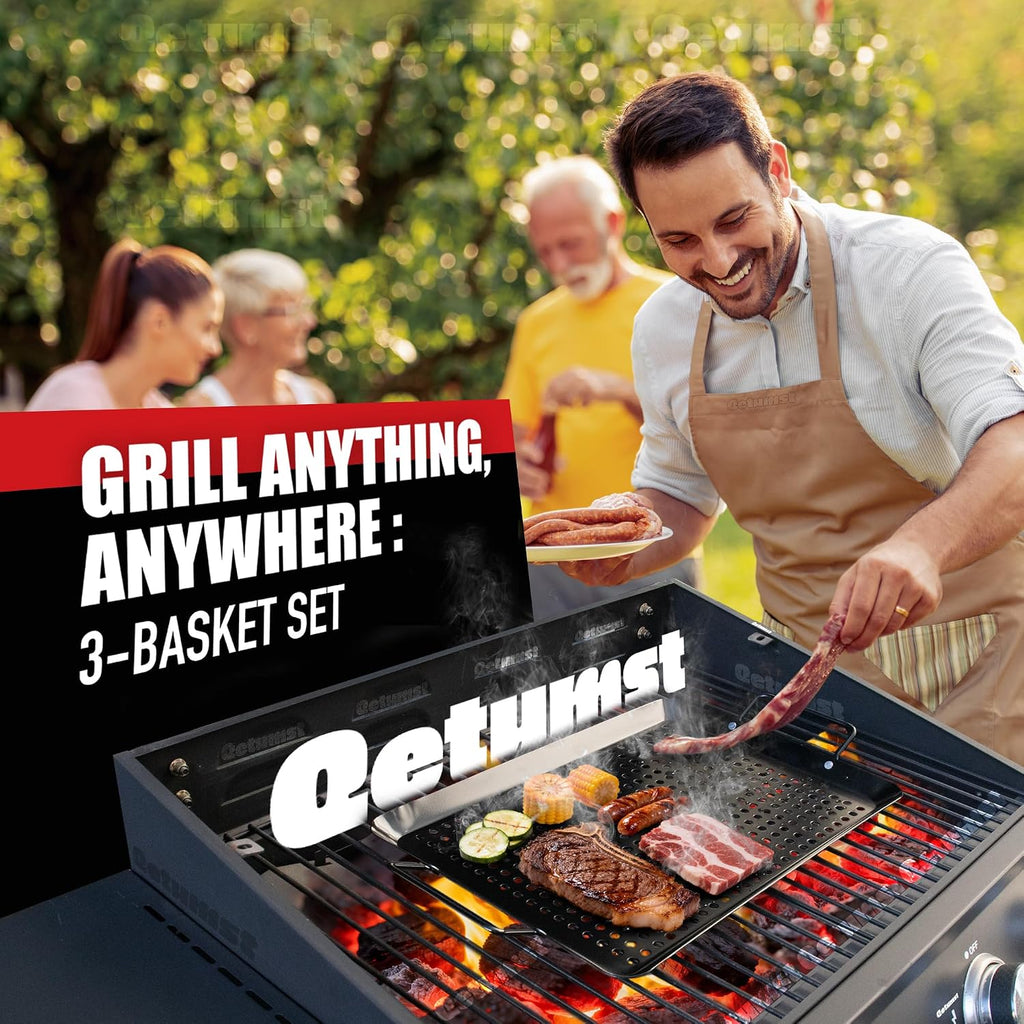 Qetumst Large 3 PCS Grill Basket Set for Outdoor Grill, Veggie Grilling Pan | Heavy duty grilling accessories. Vegetable grill baskets for veggies, seafood & meat. Warp resistant grill pan with handles.