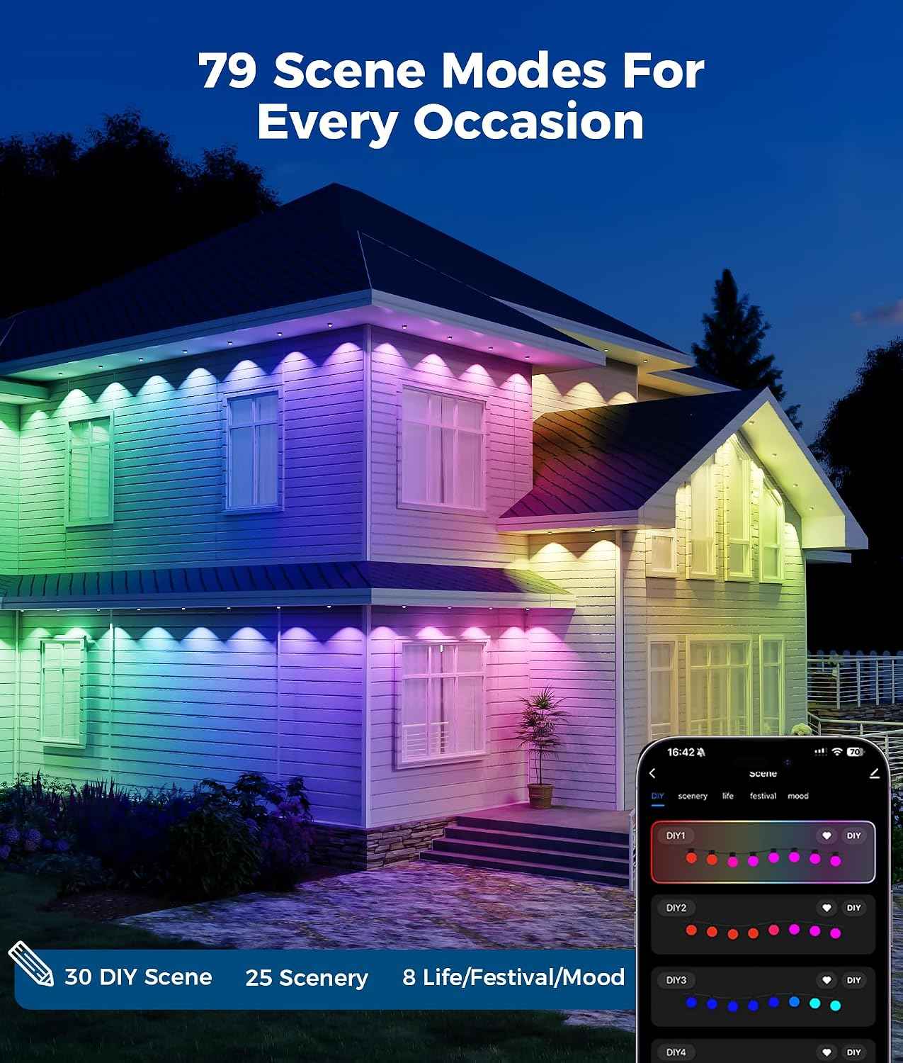 DeckTok Permanent Christmas Lights Outdoor, 100ft RGB & 60pcs LED Lights | 79 Scene Modes with Timer for Smart Outdoor Christmas Decorations, IP67 Waterproof Works with Alexa and Google Assistant