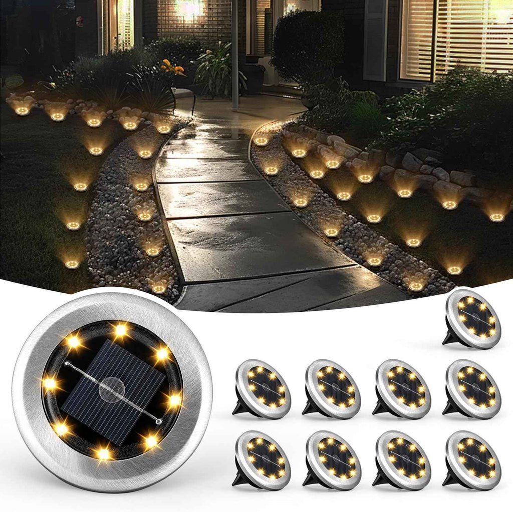 SOLPEX 10 Pack Small Solar Ground Lights, Pathway Lights Warm White | Stainless Steel Solar Powered Walkway Lights Waterproof, Landscape Lighting for Driveway, Garden, Backyard, Patio