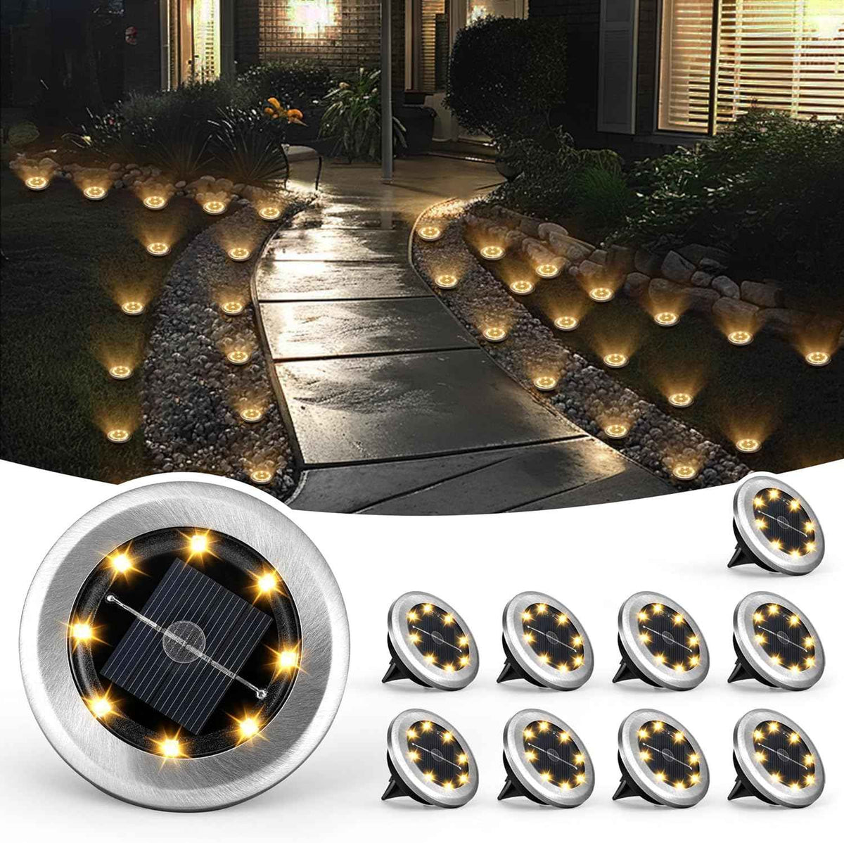 SOLPEX 10 Pack Small Solar Ground Lights, Pathway Lights Warm White | Stainless Steel Solar Powered Walkway Lights Waterproof, Landscape Lighting for Driveway, Garden, Backyard, Patio