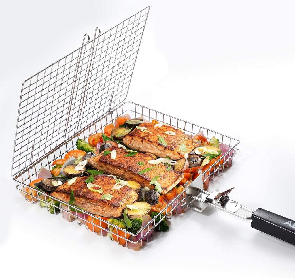 Grill Basket - Grill Baskets for Outdoor Grill, Stainless Steel Large Grilling Basket w Removable Handle, Portable Fish Grilling Rack for Grill Ideal Meat Fish Vegetables Grilling Accessories