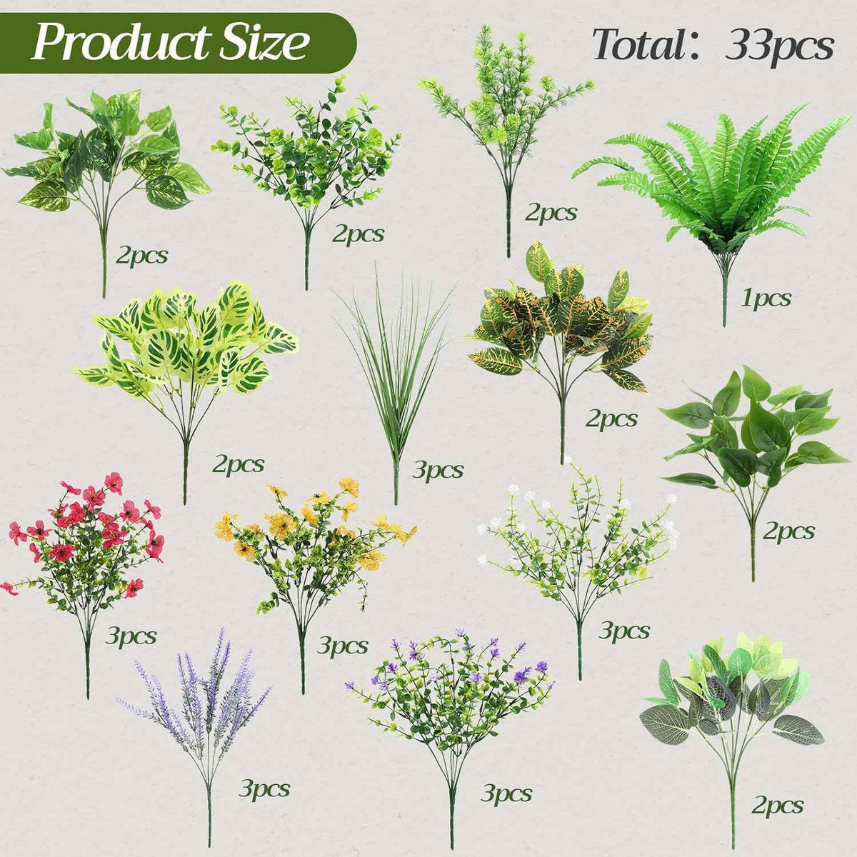 33 Pcs Artificial Plants for Outdoors UV Resistant Fake Plant | Greenery Stems Plastic Leaves Faux Flowers Bushes for Summer Outside Planters, Garden, Porch, Yard, Home Decor
