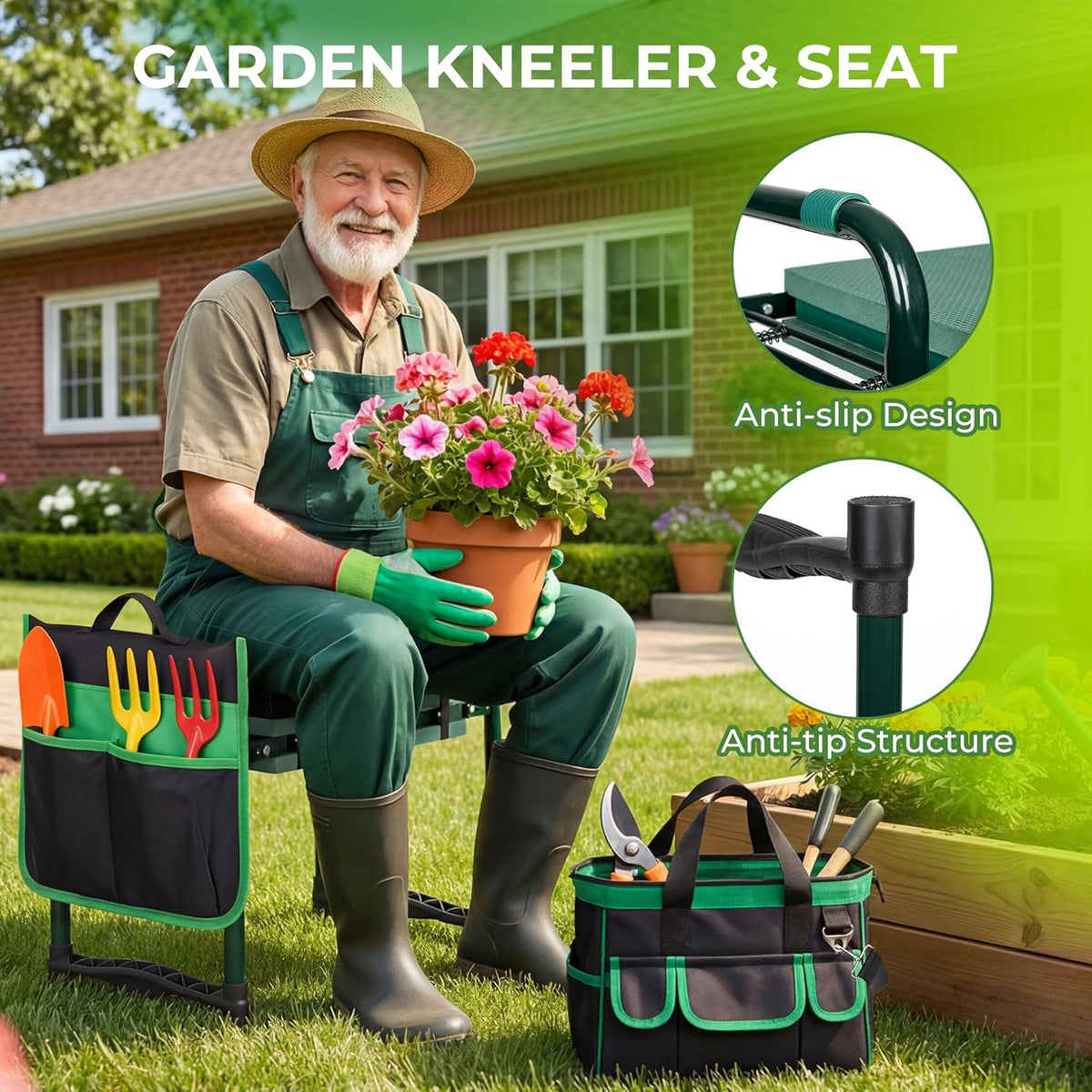 Walensee Garden Kneeler and Seat, with Wider Soft Kneeling Pad & Tool Pouch | Heavy Duty collapsible Garden Tools, portable folding kneeling Stool,Gardening Gifts for Women Men Seniors