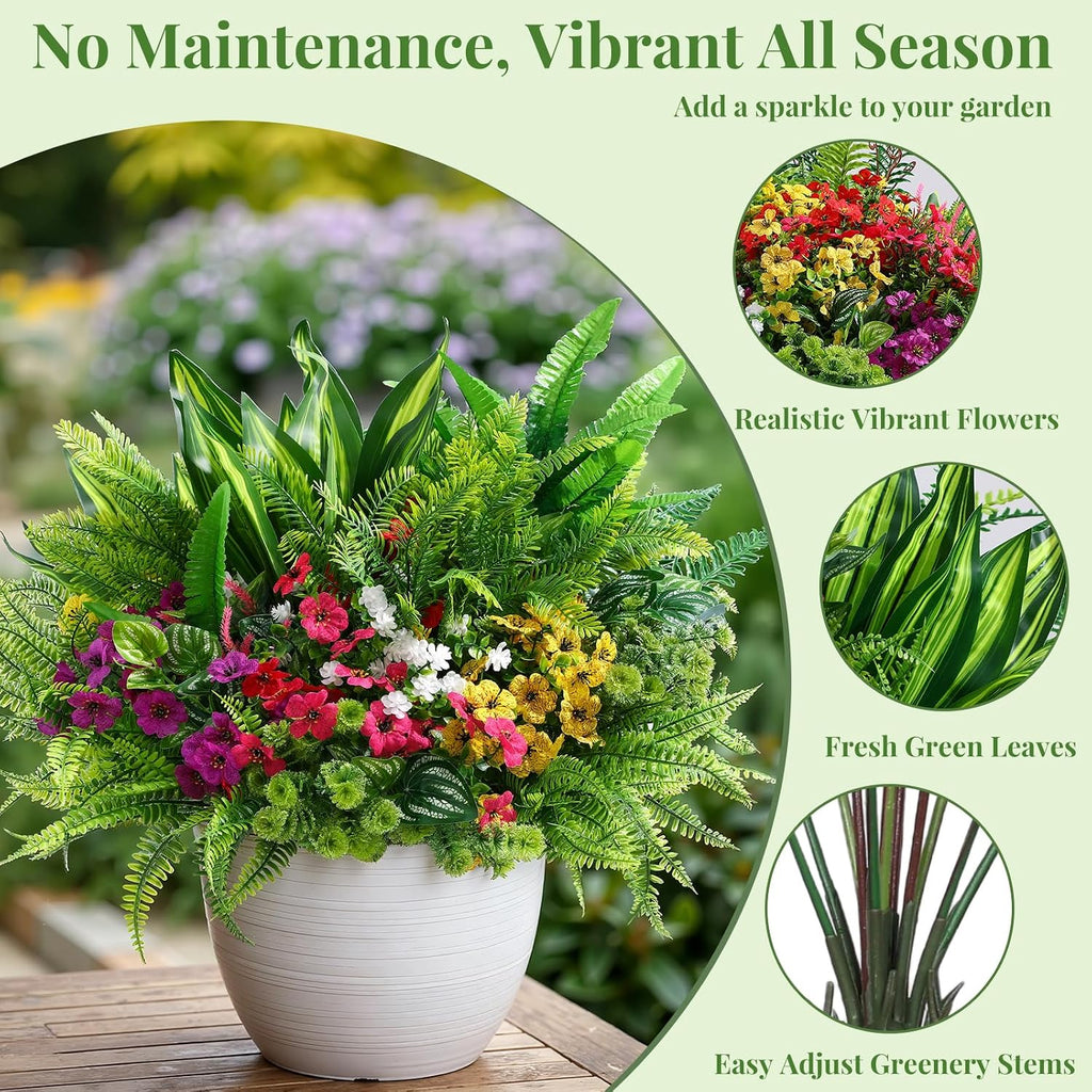 Alupssuc 24 Pcs Artificial Plants Flowers for Outdoors UV Resistant Decor | No Fade Plastic Spring Fake Plants Greenery, For Patio Porch Garden Pathway Home Spring Decor, 4 Colors