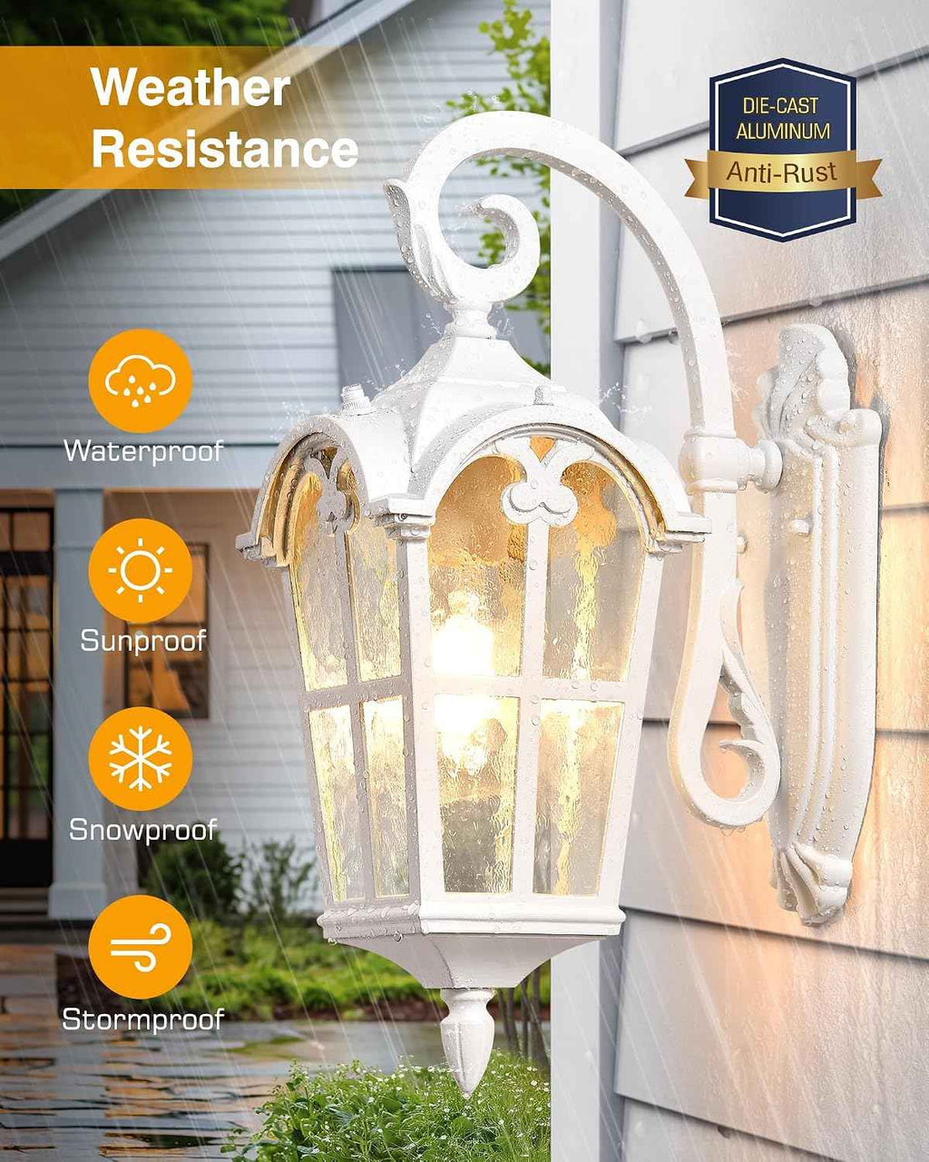 VIANIS White Porch Lights Outdoor, Dusk to Dawn Light Fixtures Wall Mount | Exterior Lighting for House with Ripple Glass, Lantern Fixture for Patio Garage Coach, Anti-Rust Waterproof, Easy to install