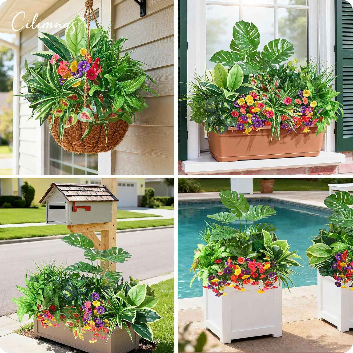 Artificial Plants Outdoor 18PCS UV Resistant Greenery&Flowers | Highly Realistic Faux Plant Outside with Stems for Front Proch Garden Patio Planters Window Boxes Home Decor