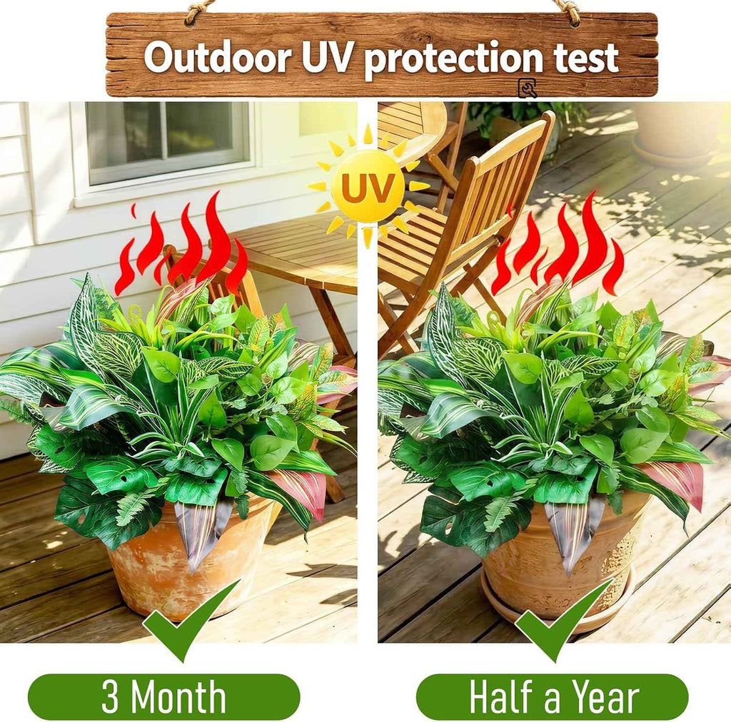 18 Bundles Artificial Greenery Plants Outdoor UV Resistant Fake Plastic Leaves with Stems Faux Bushes Shrubs for Porch Patio Window Box Garden Indoor Outside Decor