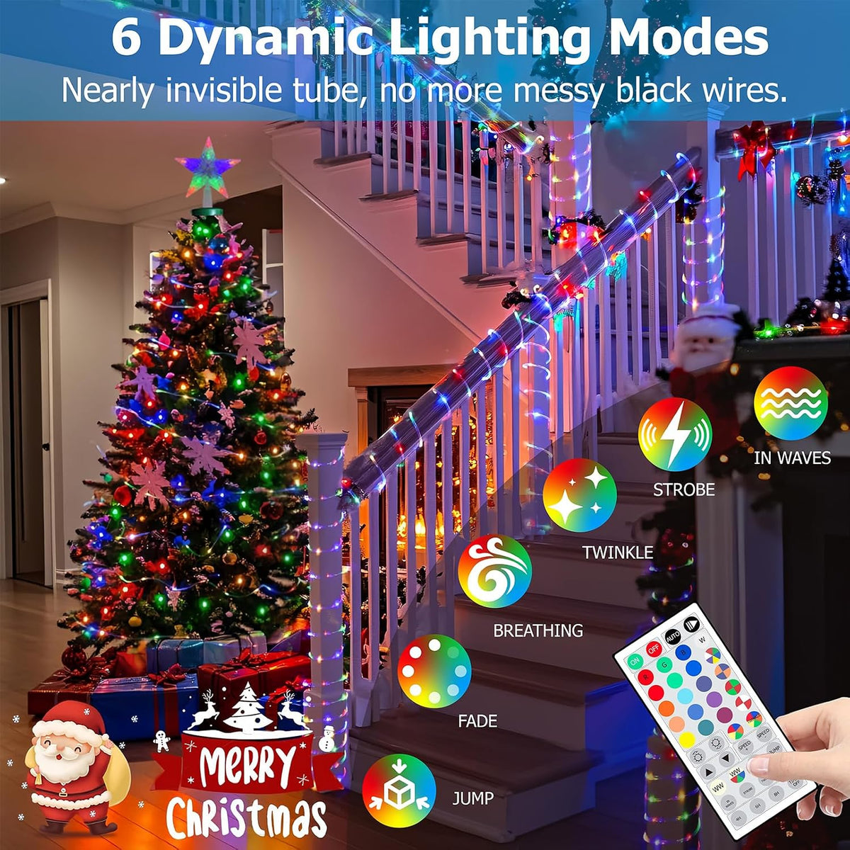 50ft Outdoor LED Rope Lights, IP68 Waterproof 25 Color Changing String Lights with 149 Modes, Warm White&RGB Twinkle Fairy Tube Light for Christmas Indoor Outside Railing, Balcony, Patio Decor