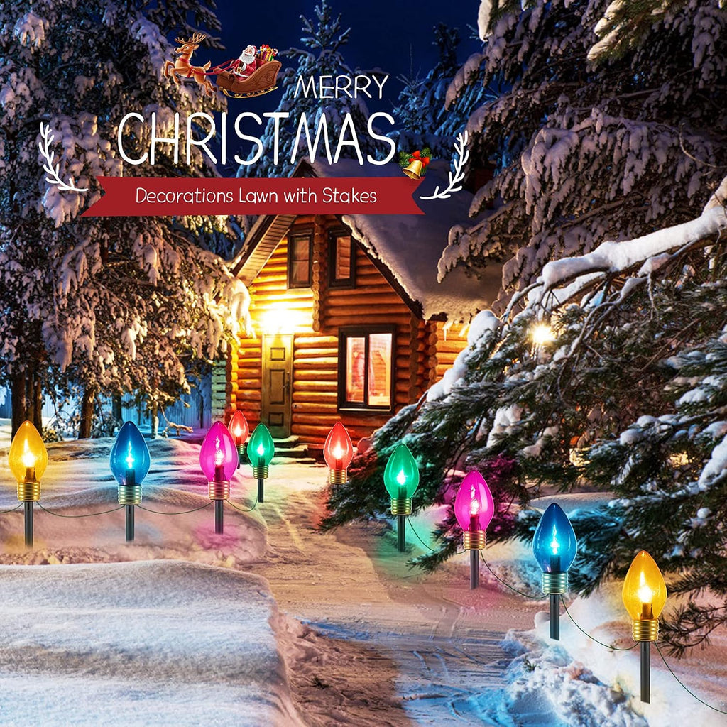 Jumbo C9 Christmas Lights Outdoor Decoration Lawn with Pathway Marker Stake | 8 Feet 5 LED C9 Pathway Lights Covered Multicolor Bulb, Connectable Waterproof Christmas Outside Decorations for Holiday Yard