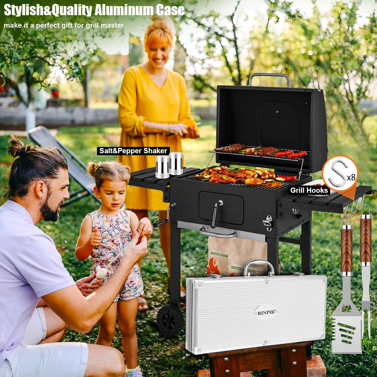 RINPIR 35pcs Grilling Tools Set with Aluminum Case for Men Dad Gifts,Brown | Stainless Steel, BBQ Accessories Kit with Scissors, Professional Grill Utensils, for Outdoor Camping, Christmas, Birthday
