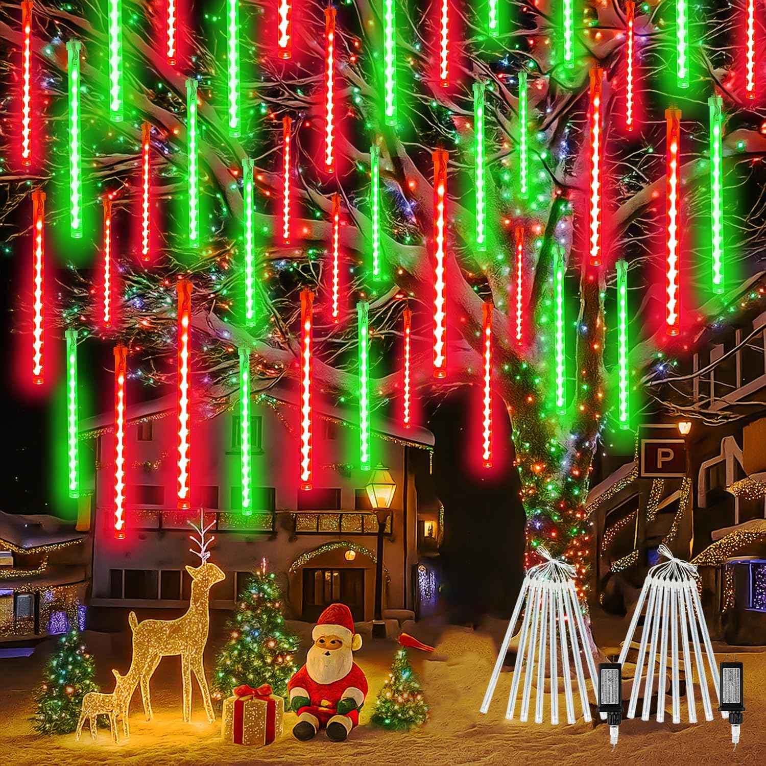 2 Pack Christmas Lights Outdoor 16 Tubes 384 LEDs Meteor Shower Rain Lights | Extendable, Timer, Waterproof Christmas String Lights, Icicle lights Outdoor for Xmas Tree Garden Yard Decor, Red and Green