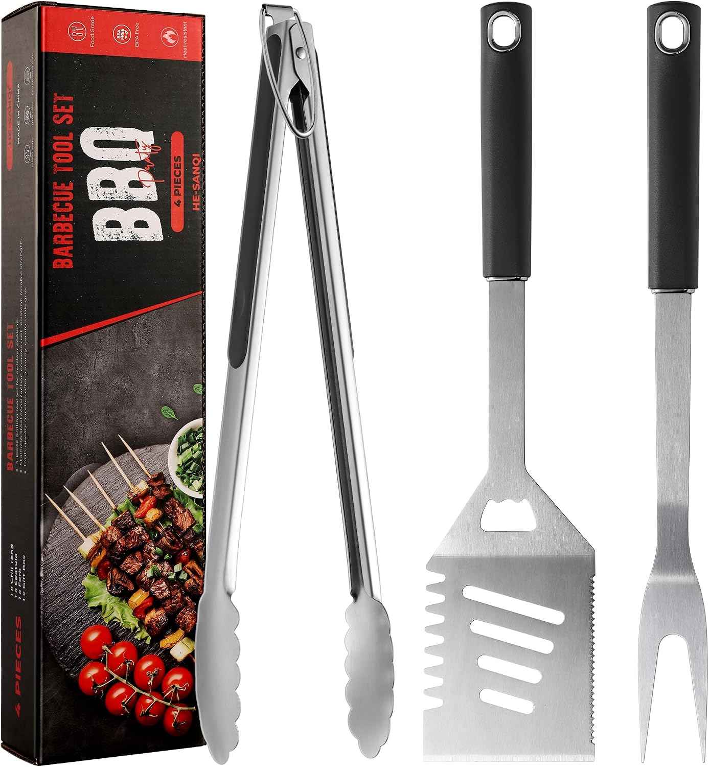 Griddle Accessories Kit - Heavy Duty Grill Tools Set, Grilling Accessories | Stainless Steel BBQ Set with Grill Tongs, Spatula, Fork and Gift-Box for Outdoor Barbecue, Home Grill (3PCS)
