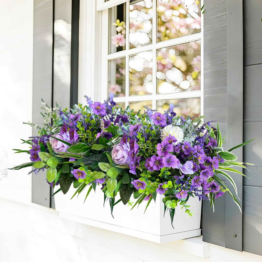 24Pcs Artificial Plants for Outdoor Faux Greenery & Flowers with Plastic Leave UV Resistant Fake Stems for Indoor Outside Garden Porch Window Box Home Décor