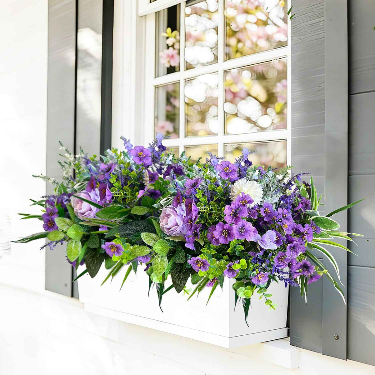 24Pcs Artificial Plants for Outdoor Faux Greenery & Flowers with Plastic Leave UV Resistant Fake Stems for Indoor Outside Garden Porch Window Box Home Décor