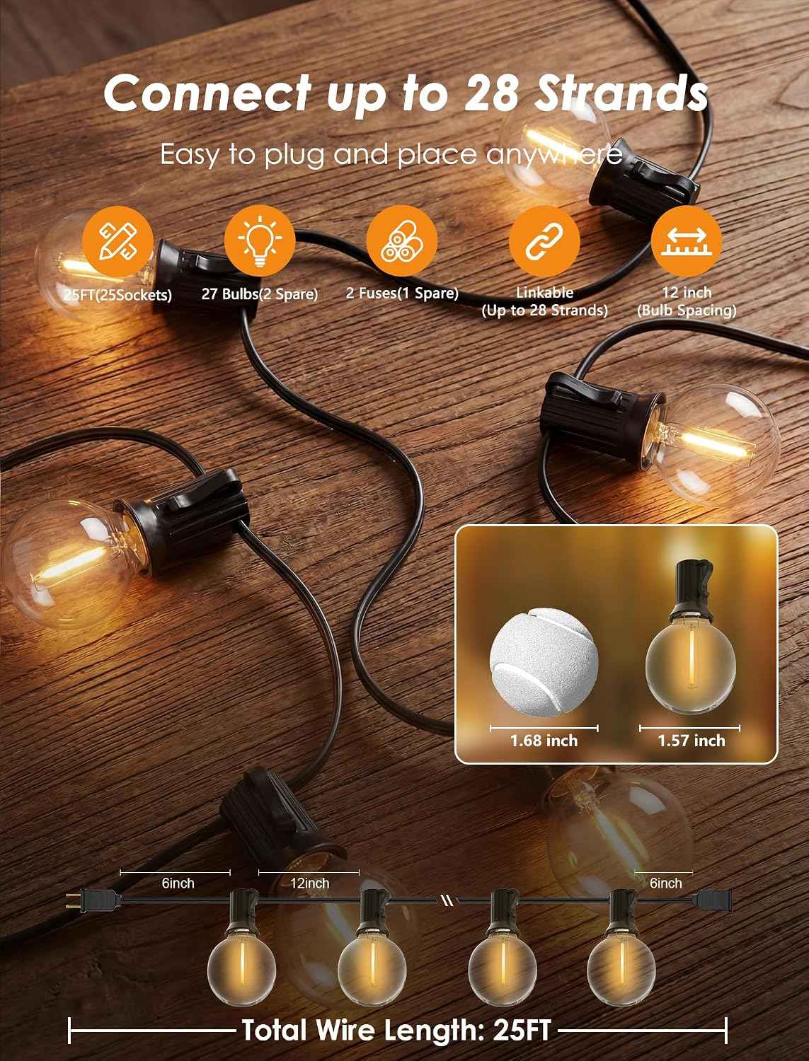 25FT G40 LED Globe Outdoor String Lights with 25 Plastic Shatterproof Bulbs | 2700K Warm White, IP65 Waterproof Hanging Connectable Globe Lights for Patio, Backyard, Bistro, Porch, Black Wire