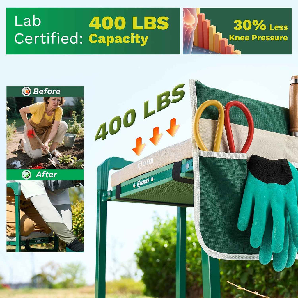 Saker Garden Kneeler and Seat Foldable Gardening Stool with Extendable Legs | Thickened Pad Tool/Storage Bag , Heavy Duty 400lbs Support for Elderly, Gardening, Outdoor Use