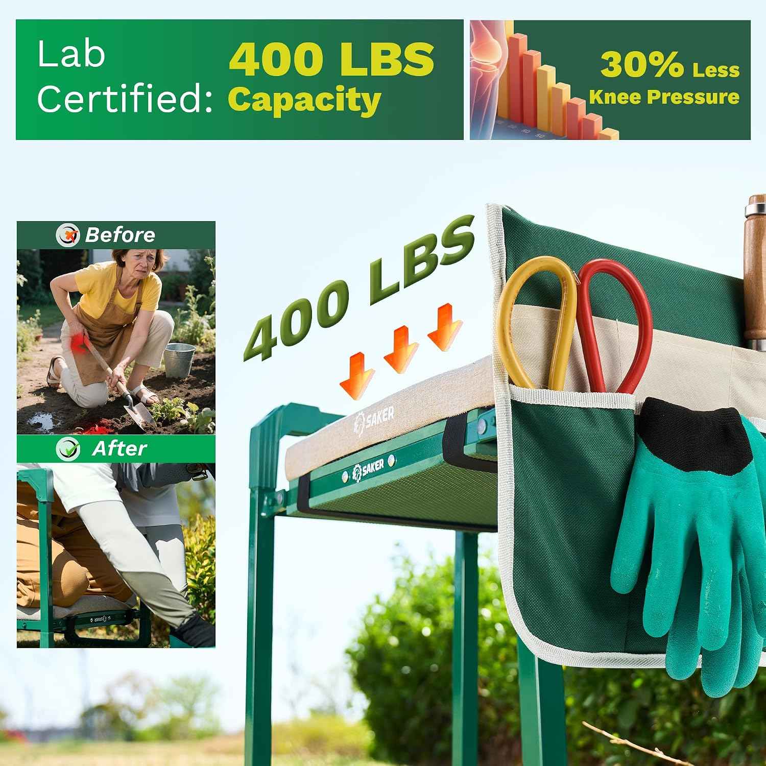 Saker Garden Kneeler and Seat Foldable Gardening Stool with Extendable Legs | Thickened Pad Tool/Storage Bag , Heavy Duty 400lbs Support for Elderly, Gardening, Outdoor Use