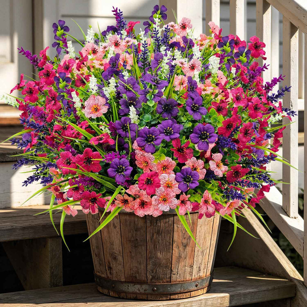12 Bundles Artificial Flowers Outdoor Silk Fake Plants UV Resistant Faux Plastic Greenery Shrubs for Home Outside Garden Front Porch Vase Pot Planters Decor (Mix Color)