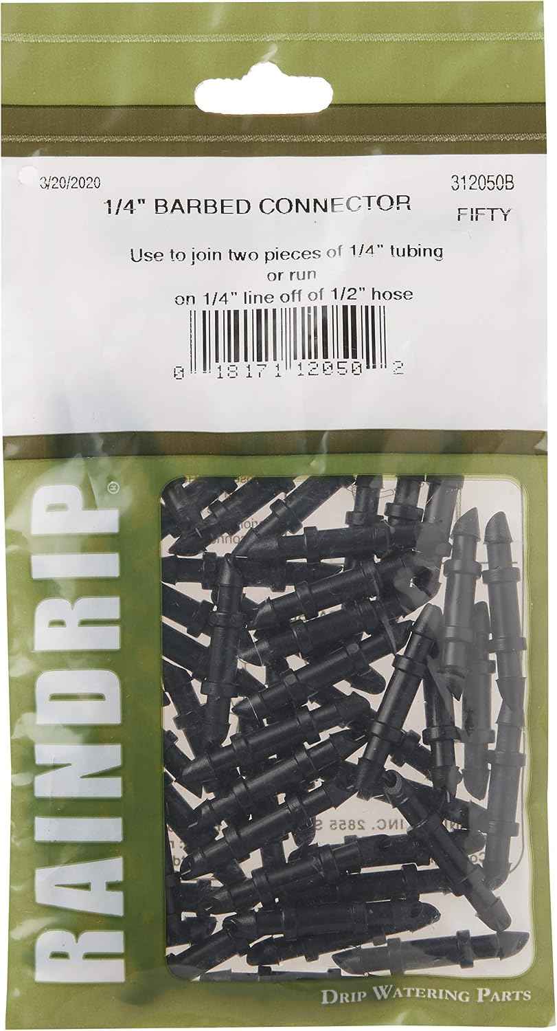 Raindrip 312050B Drip Irrigation Fittings Single Barbed Coupling Connectors, 1/4-Inch, 50 Per Bag, for Trees, Shrubs, Gardens, Black