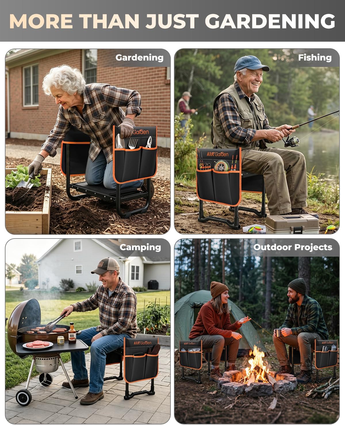 KVR Garden Kneeler and Seat with 2 Tool Pouches, Heavy Duty Foldable Gardening Stool, Portable Bench with Thick EVA Foam for Knee Support, Gifts for Seniors, Black/Orange