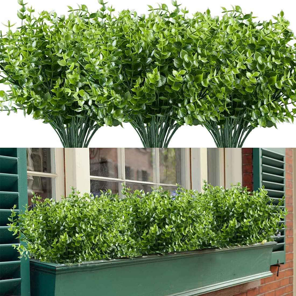 8PCS Artificial Eucalyptus Plants,Fake Boxwood Shrubs UV Resistant No Fade Faux Plastic Greenery for Wedding Bridal Bouquet Indoor Outdoor Home Garden Kitchen Office Table Vase(Green)