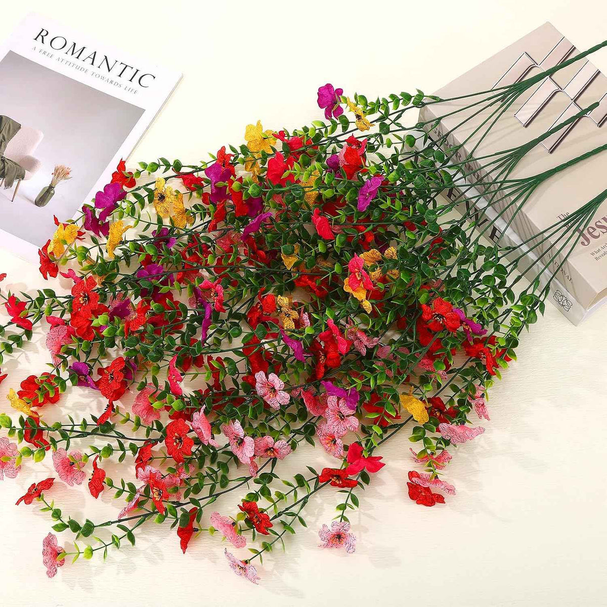 Artificial Flowers Hanging Plants 4 Pack Faux Vines Pothos Fern | UV Resistant Fake Plants for Indoor Outdoor Wall Decor Home Wedding Living Room Decorations Pink Purple Red Yellow