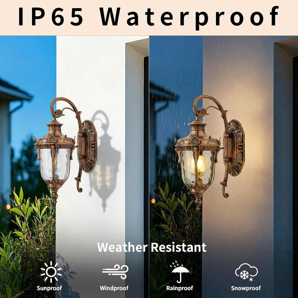 Vintage Gold Outdoor Wall Light Fixtures 17" Outside Wall Lantern Waterproof Exterior Porch Lights with Hammered Glass Shade Wall Sconce Light for House Front Door Garage Doorway Yard
