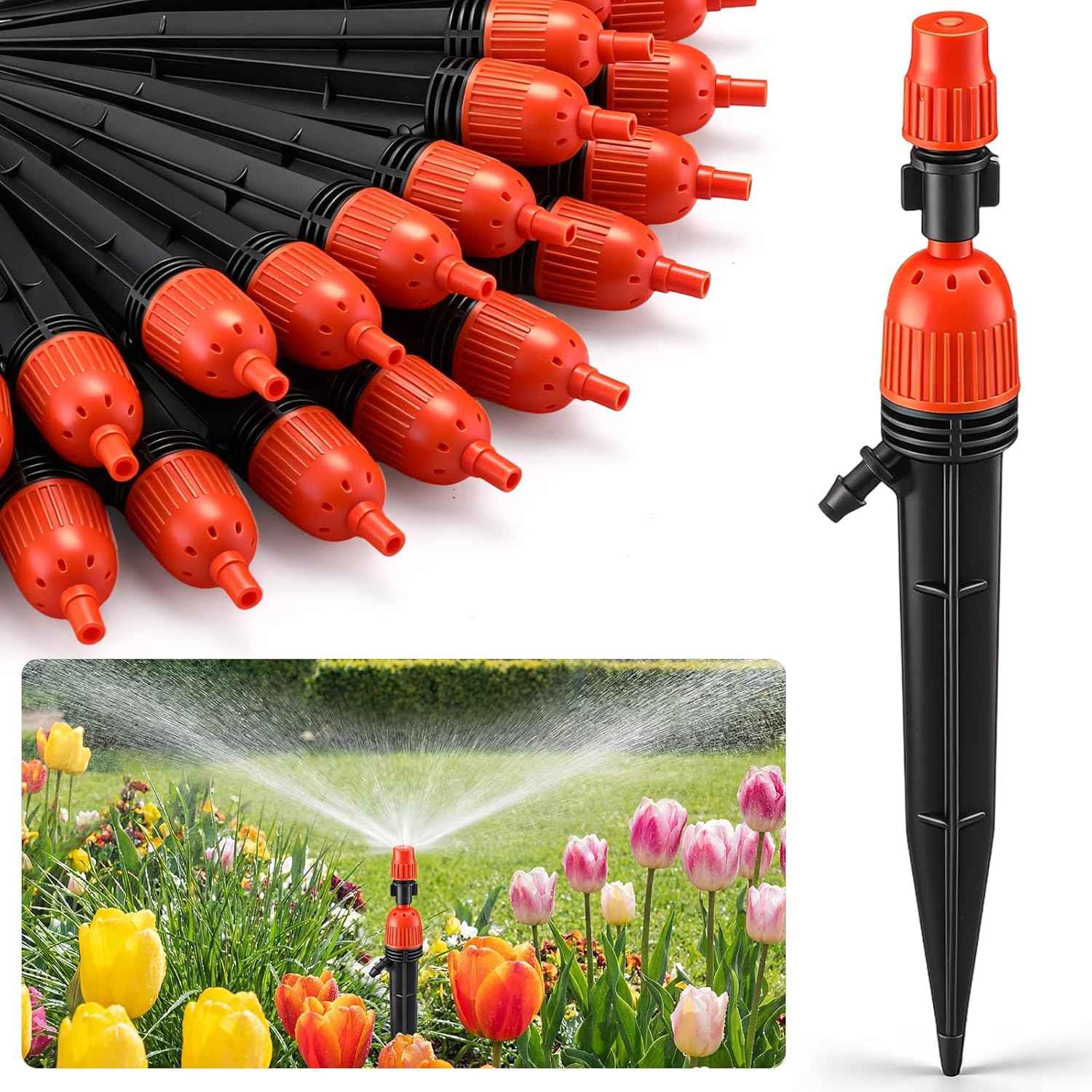 Baquler 50 Pcs Drip Irrigation Emitters 360 Degree Water Flow Stake Drippers for 1/4" Irrigation Hose Accessories for House Garden Watering