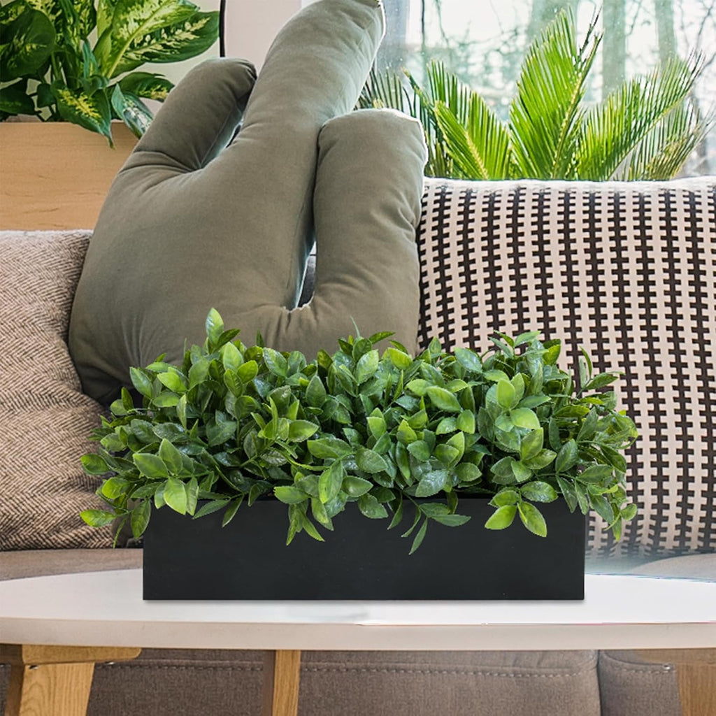 Winlyn 14" Artificial Boxwood Plant Greenery Arrangement Faux Boxwood in Black Rectangular Wooden Planter Potted Herb Plant for Farmhouse Home Decor Wedding Windowsill Mantel Shelf Table Centerpiece