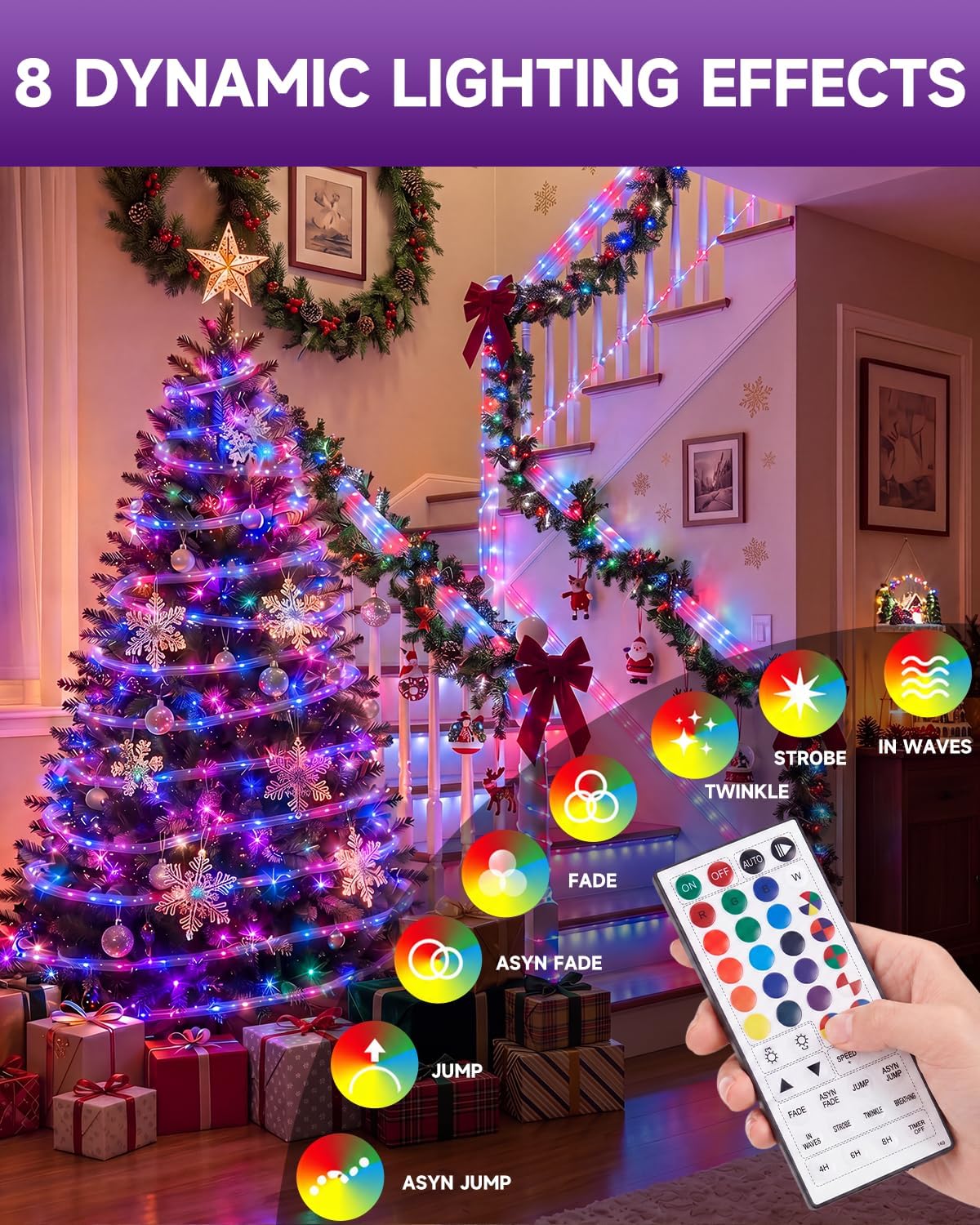 50FT Rope Lights for Outside,24 Colors Changing RGB LED Outdoor Rope Lights Waterproof with Plug & Remote,Red White and Blue Rope Lights for Camping Pool Bedroom Indoor Decor
