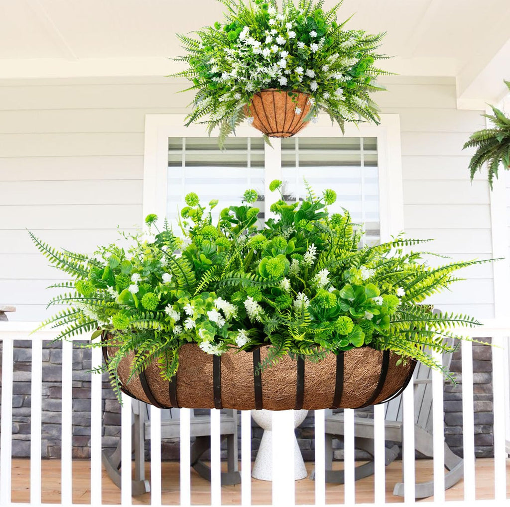 14 Bundles 5 Styles Fake Plants UV Resistant Artificial Outdoor Plant Boston Fern Lavender Plastic Flowers Greenery Shrubs for Outside Front Porch Balcony Patio Garden Home Decor