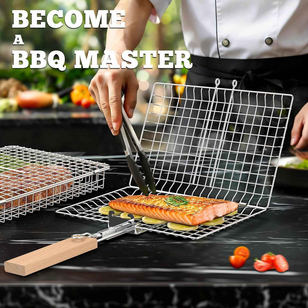 Nesting Grill Basket Set, BBQ Accessories, Outdoor Camping, Gifts for Men | 304 Stainless Steel, Removable Handle, Smoker Rack grilling Tools for Fish Vegetable, Cooking Grate, Birthday for Dad Husband