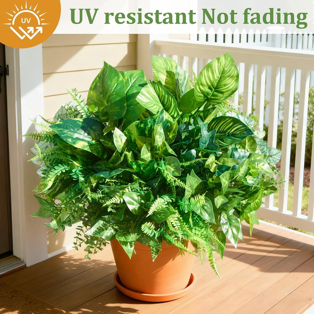 12 Bundles Artificial Plants Outdoor, UV Resistant Greenery | Large faux greenery stems for outside planters, porch, window box and patio garden decor. Maintenance free, pot not included