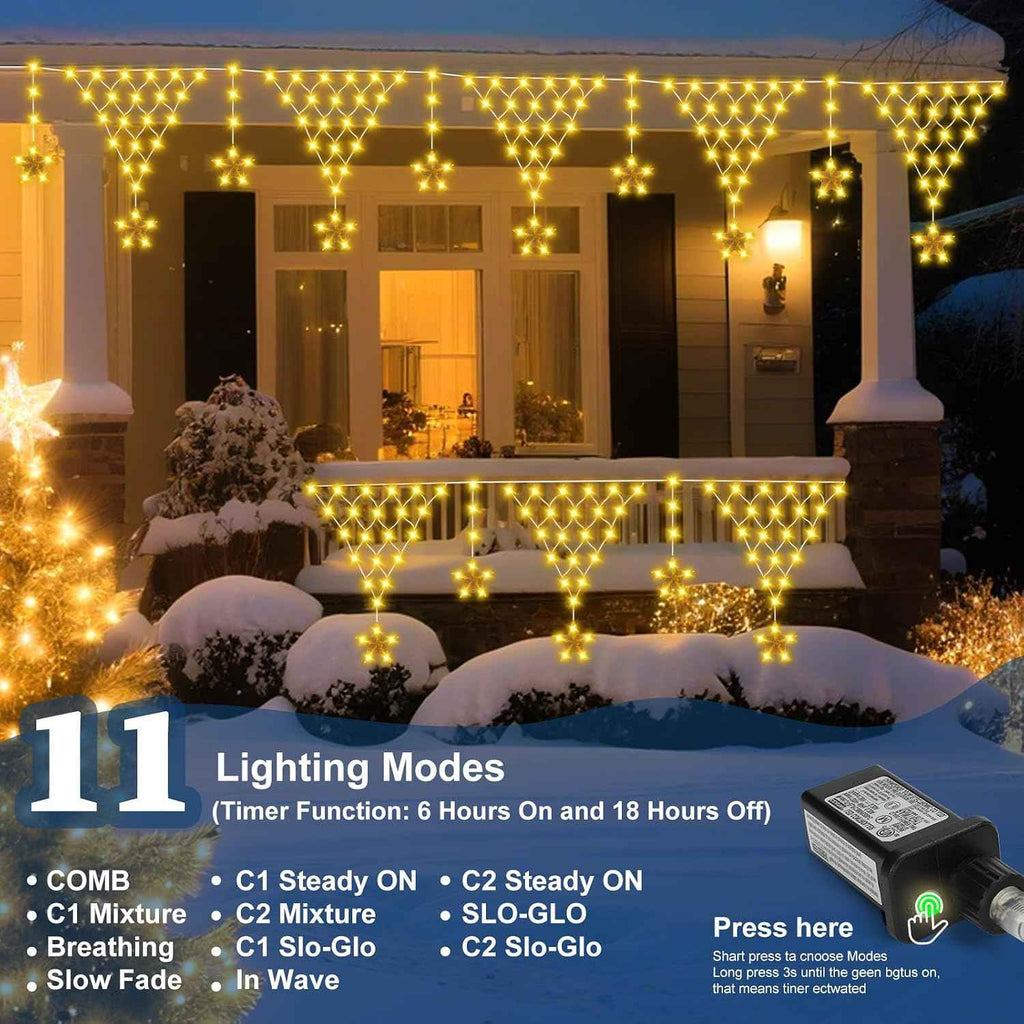 Outdoor Christmas Decorations Lights 13.8ft 200 LED Christmas Lights with 11 Stars,Dimmable Curtain Fairy Light with 8 Modes for Wedding Party Holiday Christmas Decor(RGB)