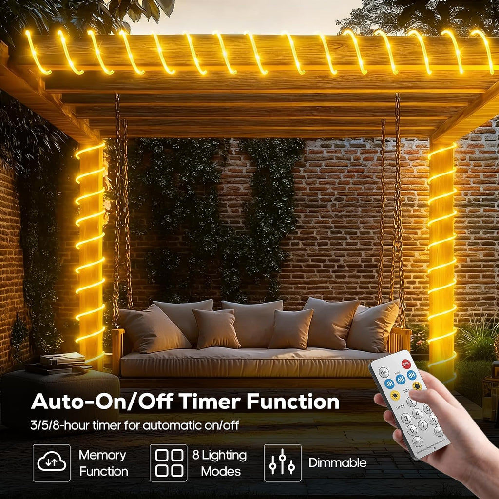 Solar Rope Lights, 66FT 200LED Outdoor Christmas Fairy Light (Warm White) | Type C & Solar, With Remote, Waterproof, Timing, 8 Modes, for for Garden Patio Porch Pool, Warm Christmas Decoration