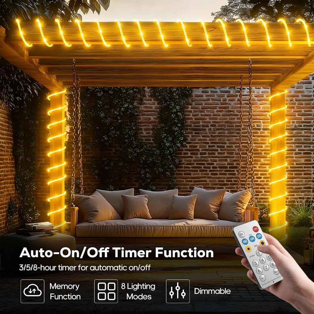 Solar Rope Lights, 66FT 200LED Outdoor Christmas Fairy Light (Warm White) | Type C & Solar, With Remote, Waterproof, Timing, 8 Modes, for for Garden Patio Porch Pool, Warm Christmas Decoration