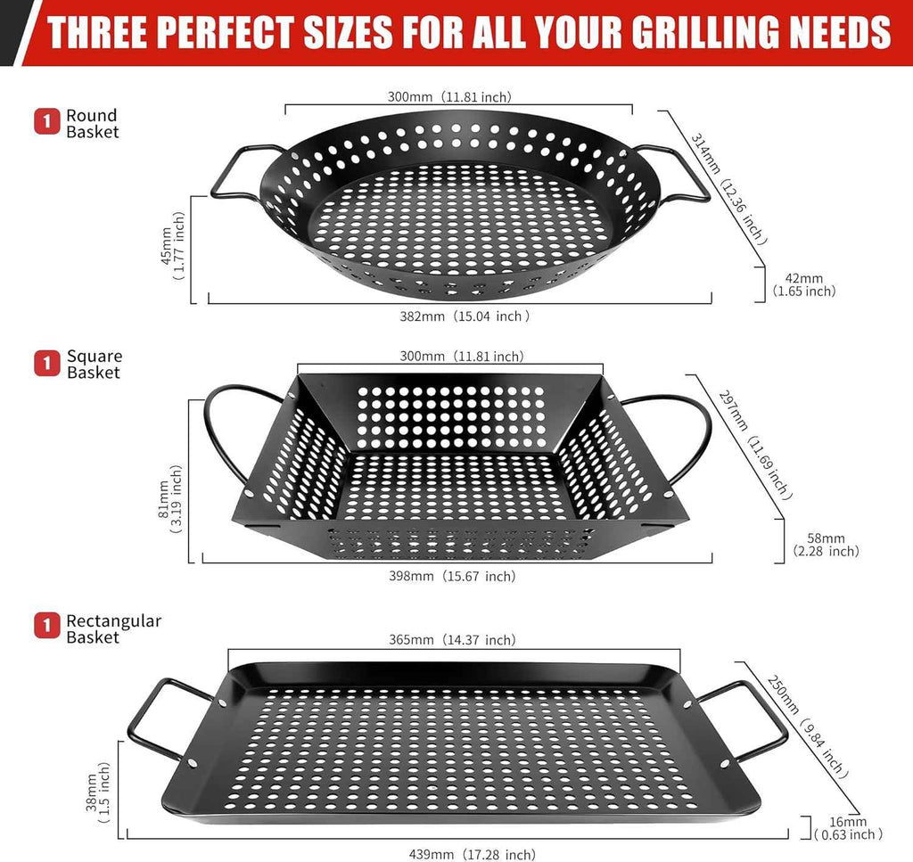 Qetumst Large 3 PCS Grill Basket Set for Outdoor Grill, Veggie Grilling Pan | Heavy duty grilling accessories. Vegetable grill baskets for veggies, seafood & meat. Warp resistant grill pan with handles.