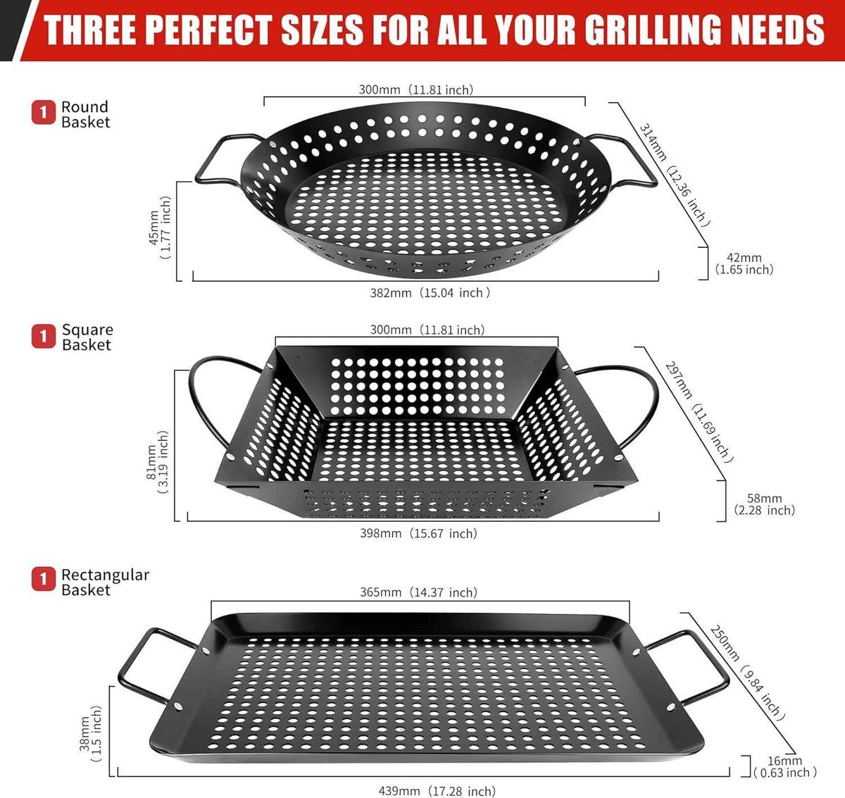 Qetumst Large 3 PCS Grill Basket Set for Outdoor Grill, Veggie Grilling Pan | Heavy duty grilling accessories. Vegetable grill baskets for veggies, seafood & meat. Warp resistant grill pan with handles.